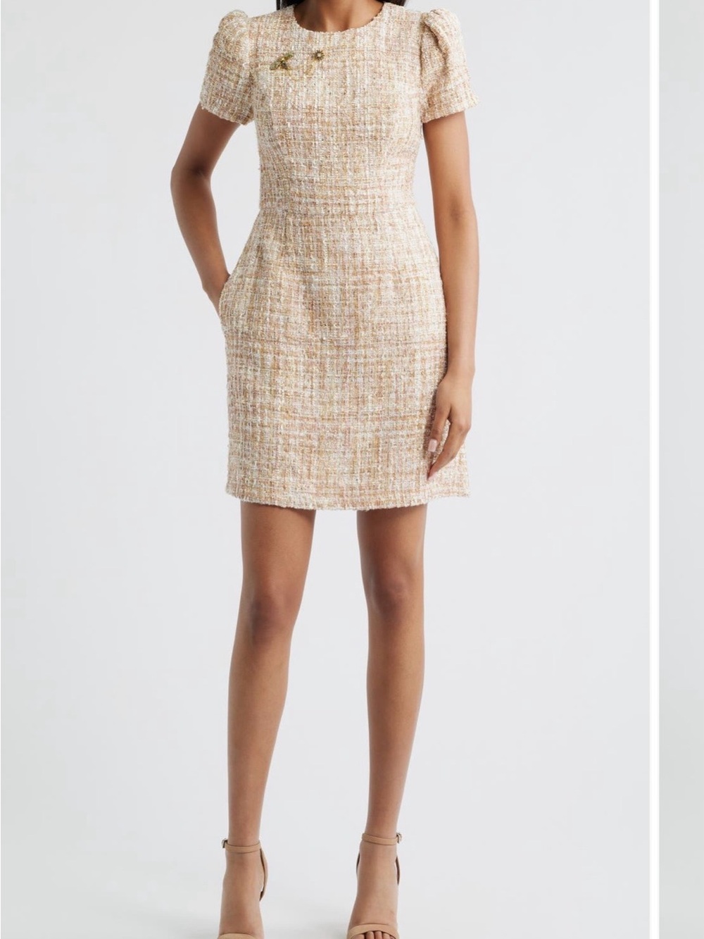 Vince Camuto Cream Tweed Puff Sleeve Mini Dress